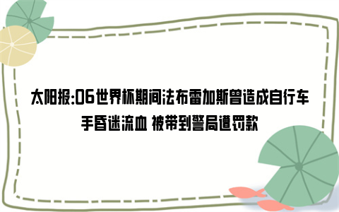 太阳报：06世界杯期间法布雷加斯曾造成自行车手昏迷流血 被带到警局遭罚款